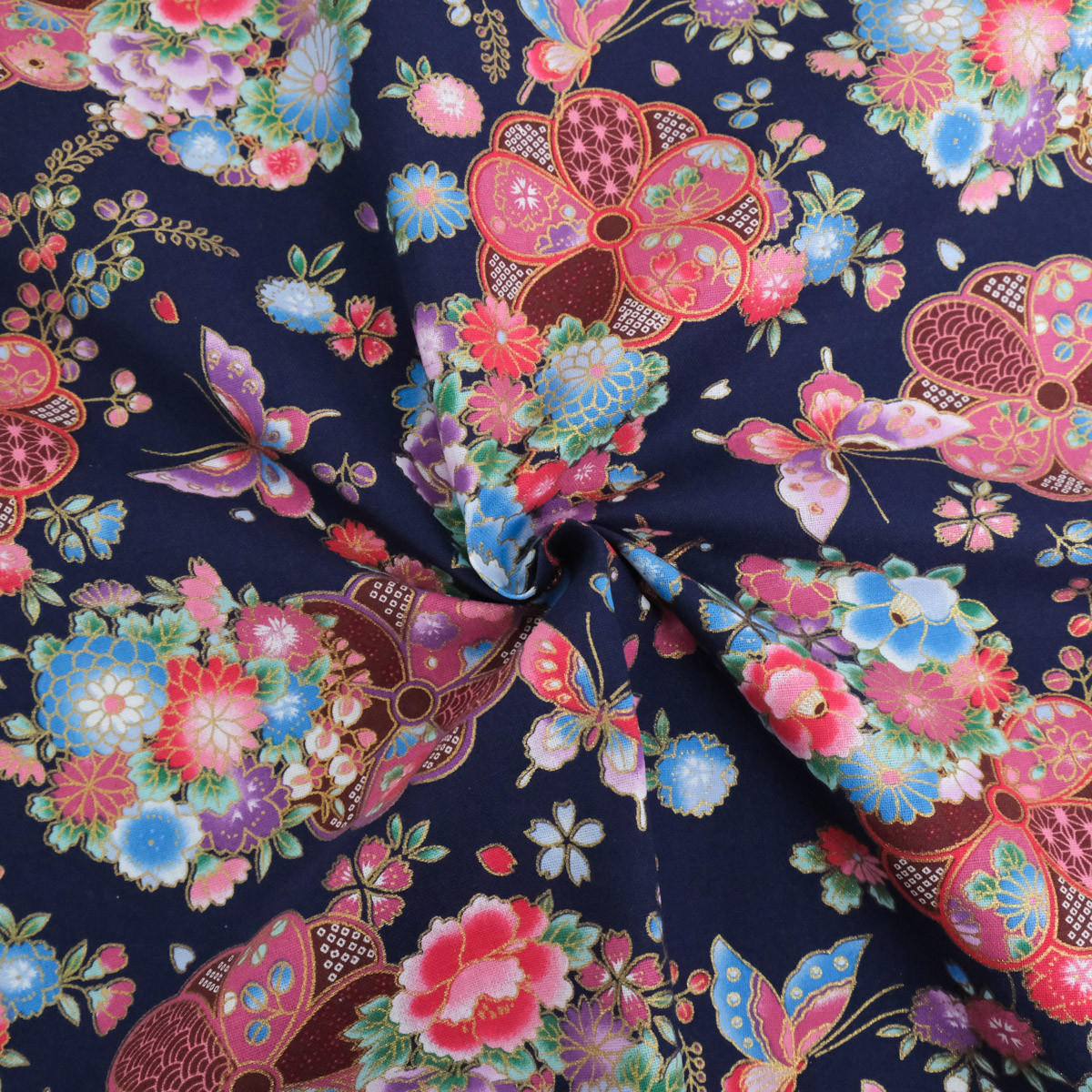 Lurex-Printed Cotton with Beautiful Flowers on a Blue Background - Maison Klem